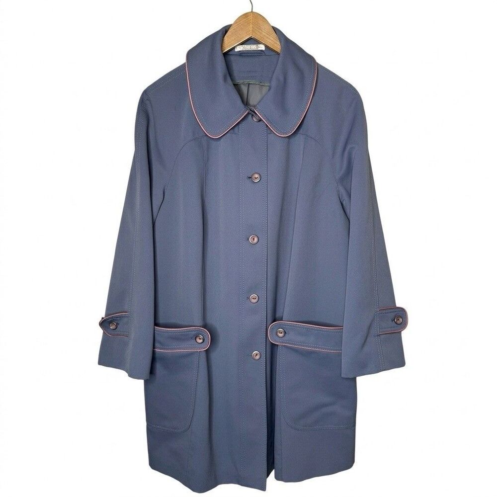 Vintage Forecaster Of Boston Trench Rain Coat Blue Pink Piping Mod Womens L 16.5